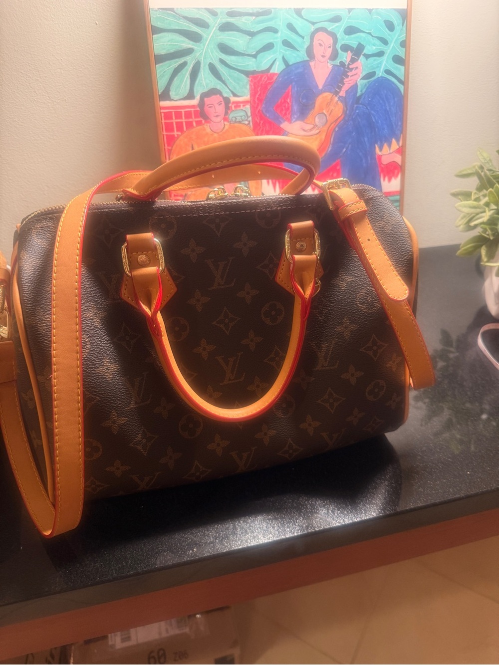 Monogram Satchel with Brown Canvas and Red-Trimmed Handles - Picture 16 of 16